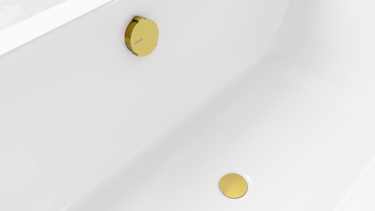Polysan Vanová souprava s napouštěním, bovden, délka 1200mm, zátka 72mm, zlato, detail výpusti a přepadu ve vaně