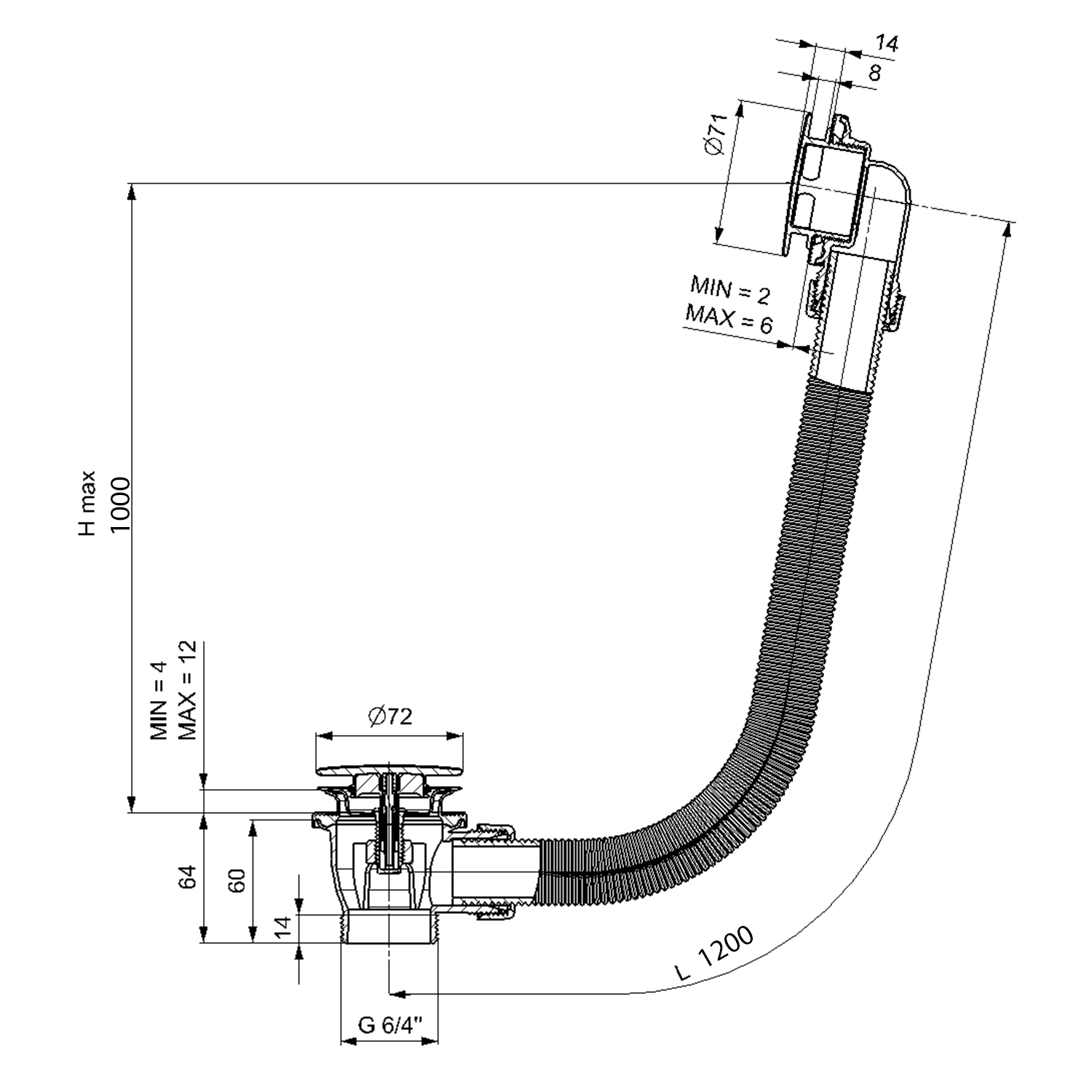 Polysan Vanová souprava bez napouštění, click-clack, délka 1200mm, zátka 72mm, zlato, technický nákres