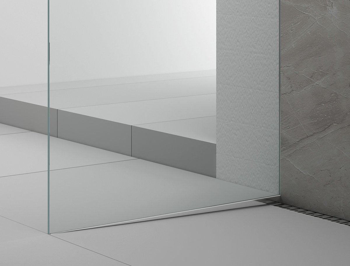 Polysan ARCHITEX sada pro uchycení skla, podlaha-stěna-strop se spádovou lištou, 1615x2600mm, levá, leštěný hliník, detail spodní hrany skla