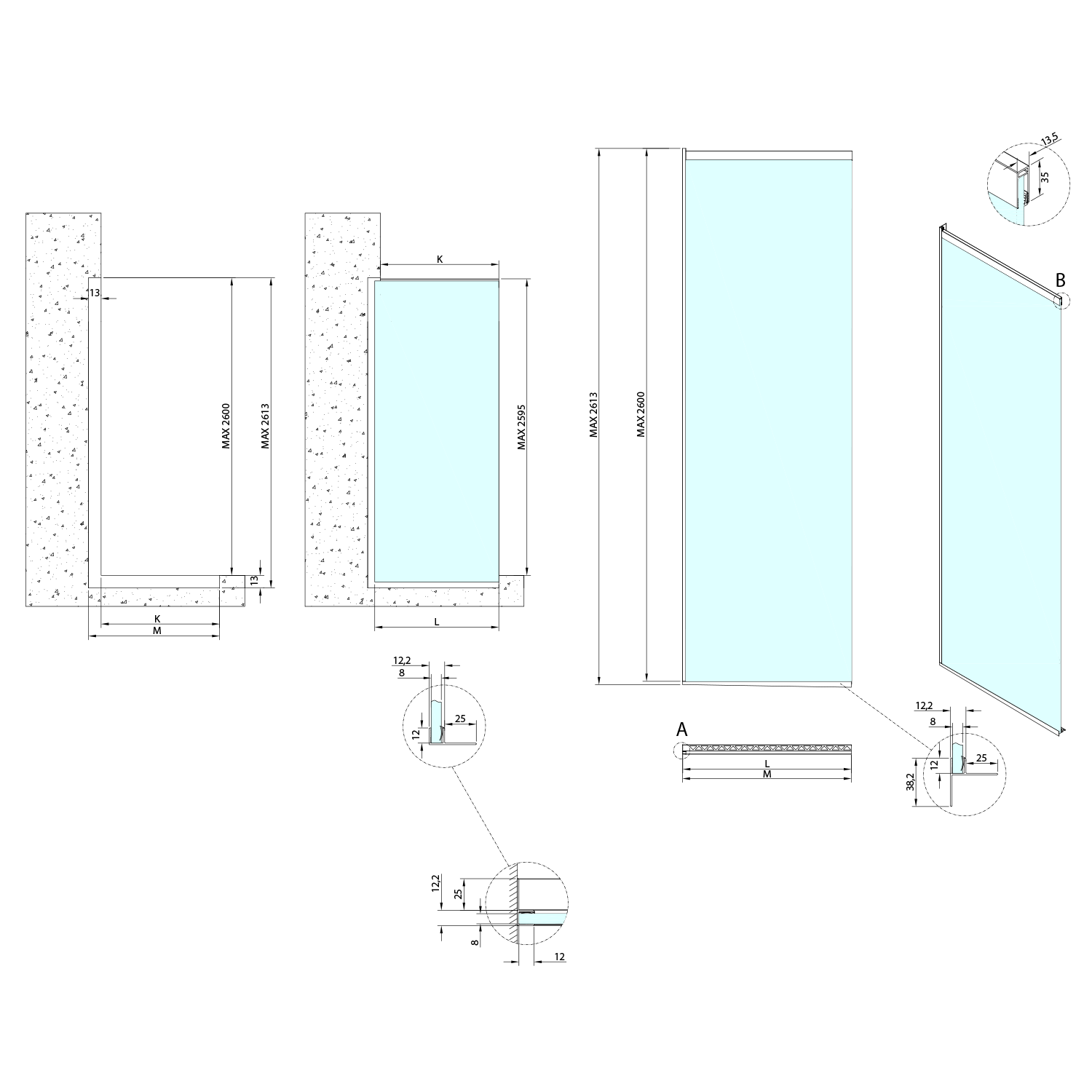 Polysan ARCHITEX sada pro uchycení skla, podlaha-stěna-strop se spádovou lištou, 1615x2600mm, levá, černá mat, technický nákres