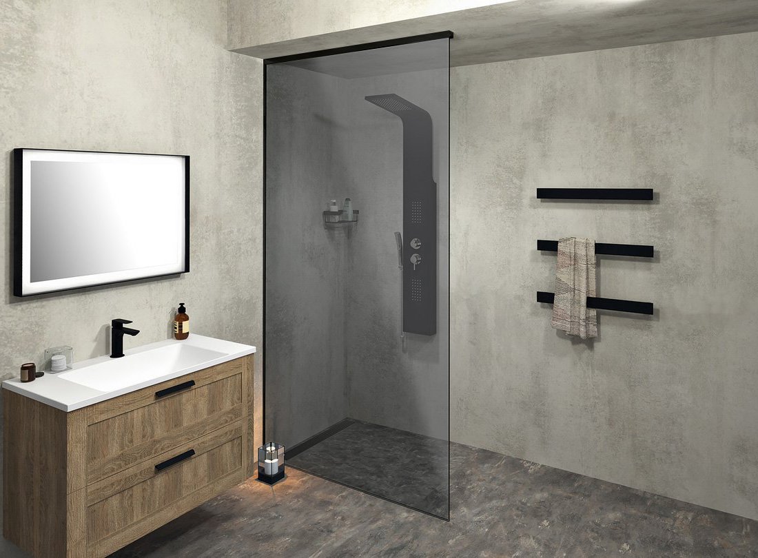 Polysan ARCHITEX sada pro uchycení skla, podlaha-stěna-strop se spádovou lištou, 1615x2600mm, levá, černá mat, ve sprchovém koutě