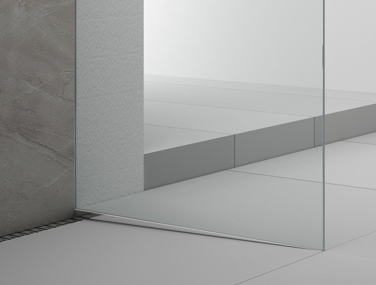 Polysan ARCHITEX sada pro uchycení skla, podlaha-stěna-strop se spádovou lištou, 1615x2600mm, pravá, leštěný hliník, detail spodní hrany skla