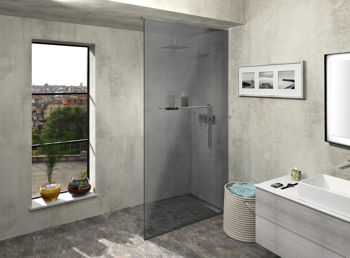 Polysan ARCHITEX sada pro uchycení skla, podlaha-stěna-strop se spádovou lištou, 1615x2600mm, pravá, leštěný hliník, v koupelně