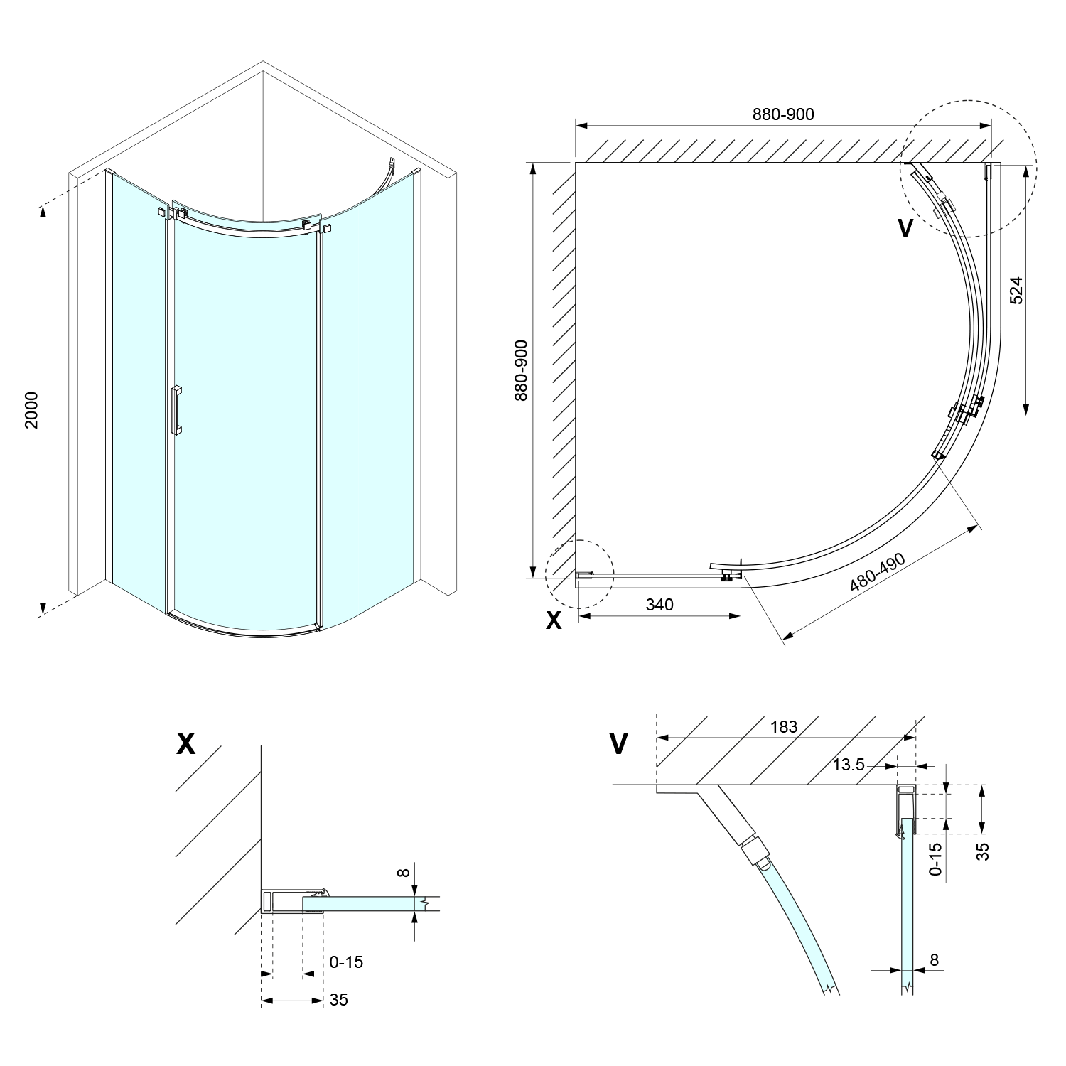 Polysan THRON ROUND čtvrtkruhová sprchová zástěna 900x900mm, čiré sklo, pravá, technický nákres