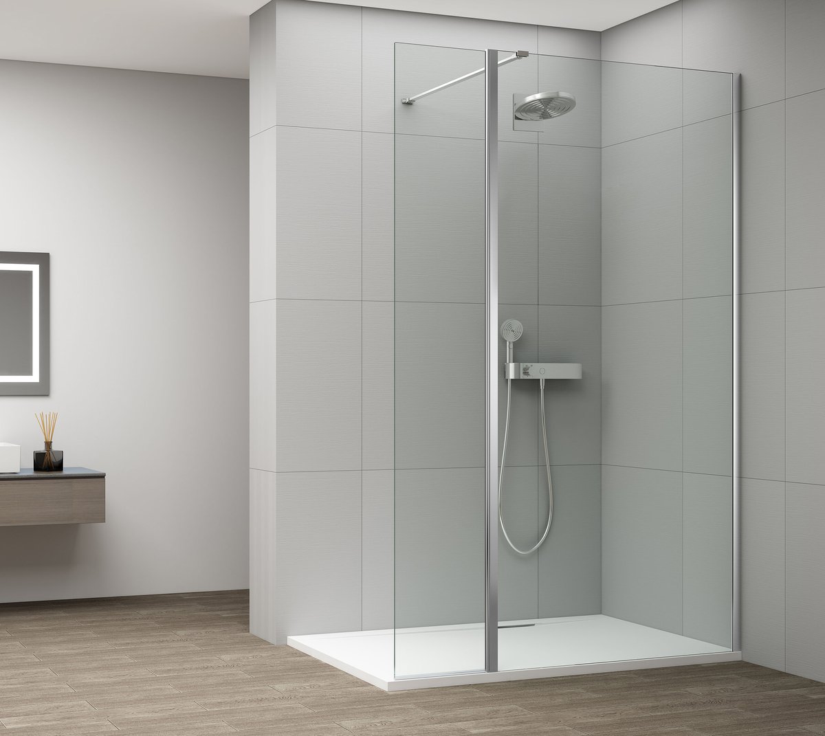 Polysan ESCA CHROME sprchová zástěna, fixní sklo 1000 mm, otočný panel 300 mm, ve sprchovém koutě