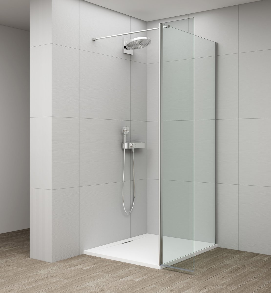 Polysan ESCA CHROME sprchová zástěna, fixní sklo 1200 mm, otočný panel 300 mm, ve sprchovém koutě 2