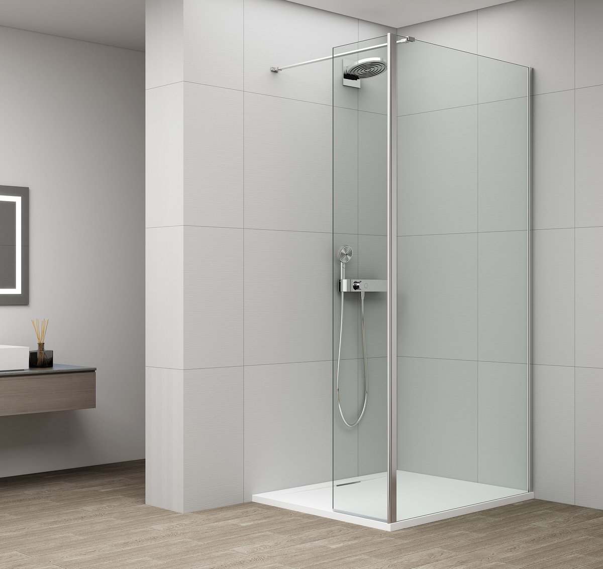 Polysan ESCA CHROME sprchová zástěna, fixní sklo 1200 mm, otočný panel 500 mm