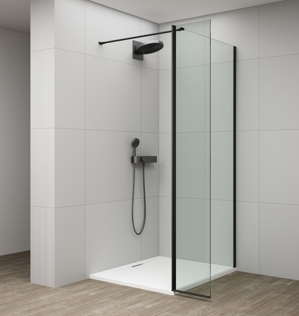 Polysan ESCA BLACK MATT sprchová zástěna, fixní sklo 800 mm, otočný panel 500 mm, ve sprchovém koutě