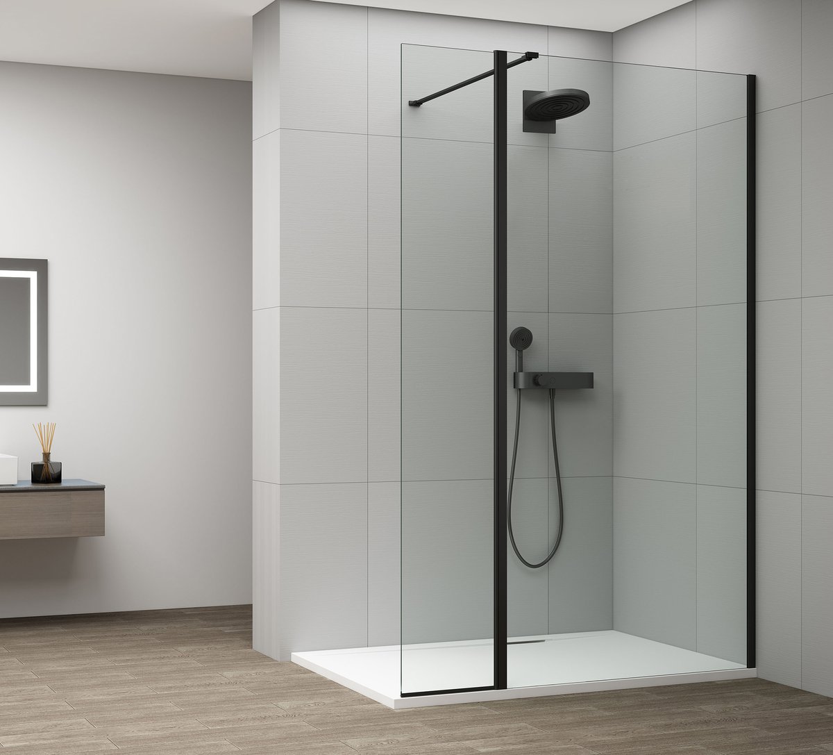Polysan ESCA BLACK MATT sprchová zástěna, fixní sklo 1000 mm, otočný panel 400 mm, ve sprchovém koutě 2