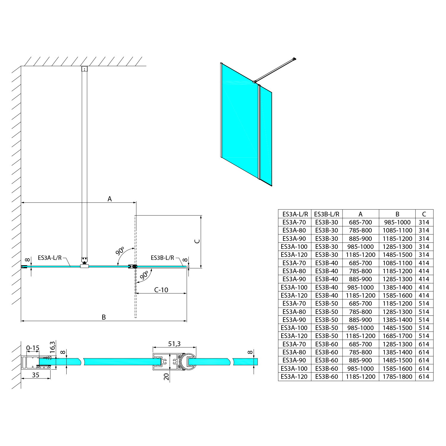 Polysan ESCA BLACK MATT sprchová zástěna, fixní sklo 1000 mm, otočný panel 500 mm, technický nákres