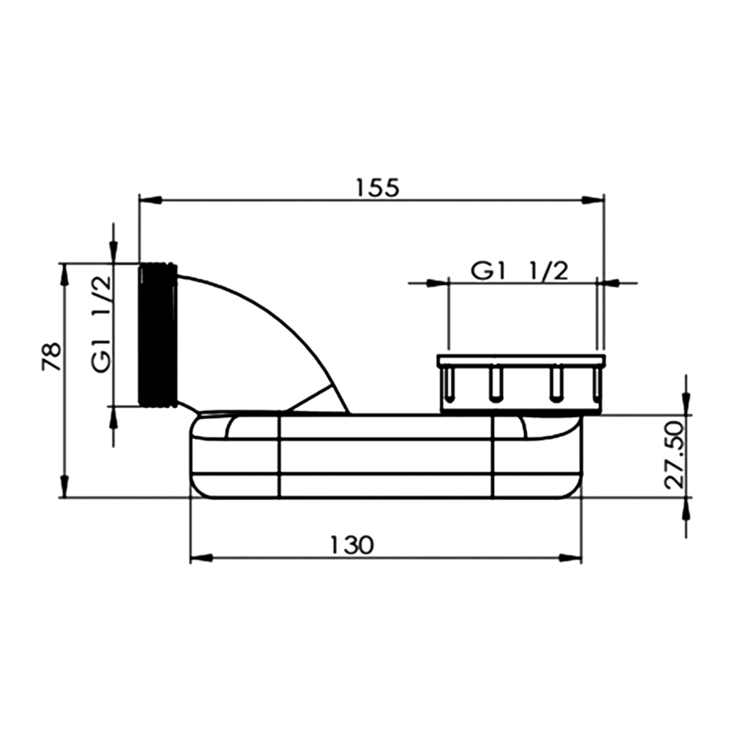 Polysan Sifon nízký 6/4", DN40, technický nákres