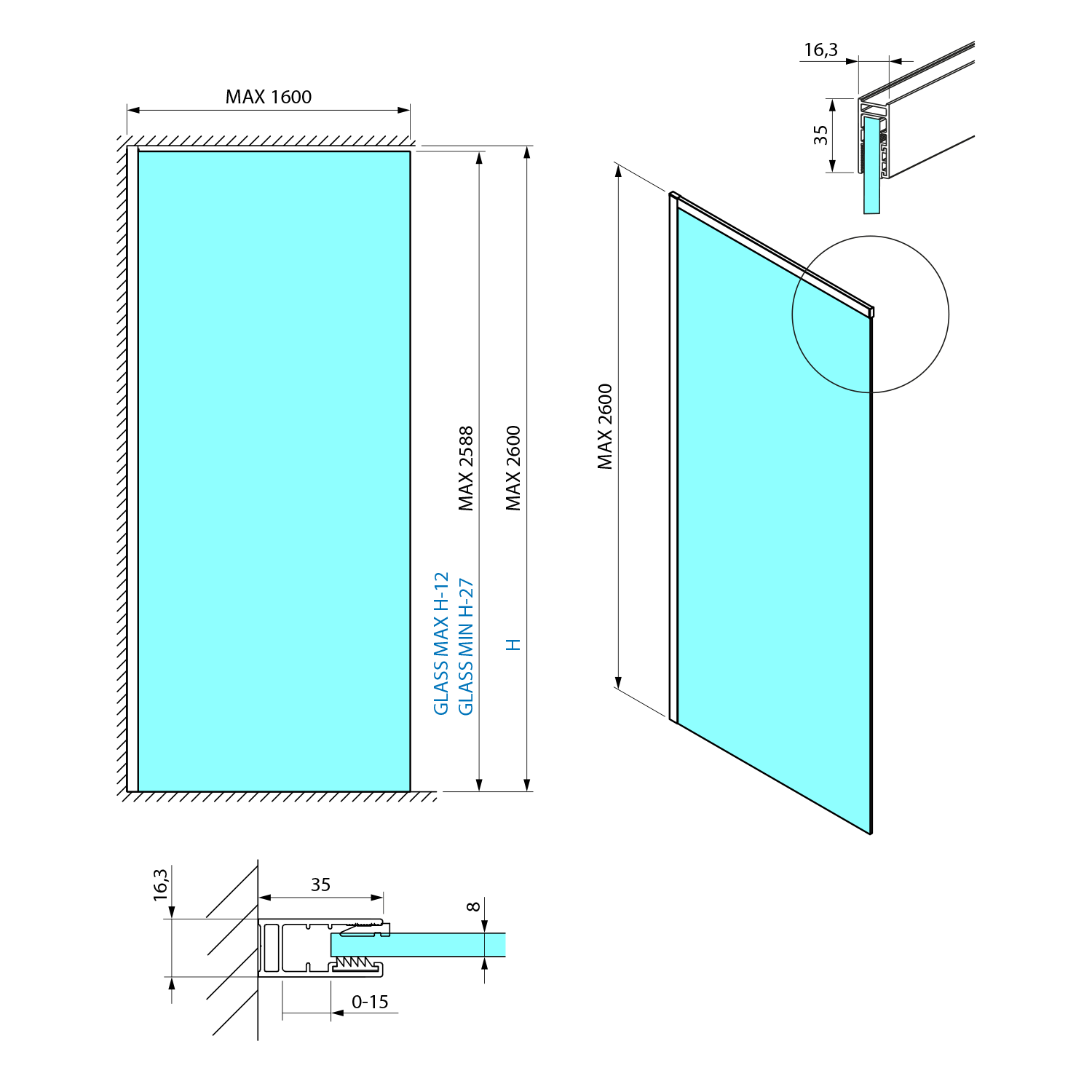 Polysan ESCA sada profilů pro uchycení skla, stěna - strop, 2600x1600mm, zlato mat, technický nákres
