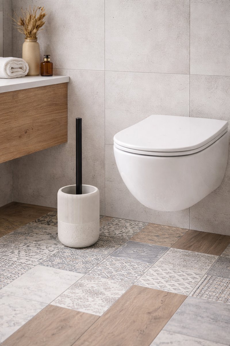 Aqualine ALBA WC štětka na postavení, bílá/černá mat, vedle WC v koupelně