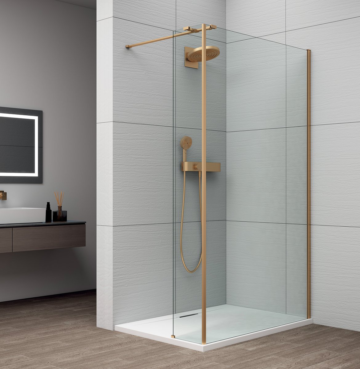 Polysan ESCA GOLD MATT sprchová zástěna s instalací ke stěně 1400mm a přídavným panelem 285mm, čiré sklo
