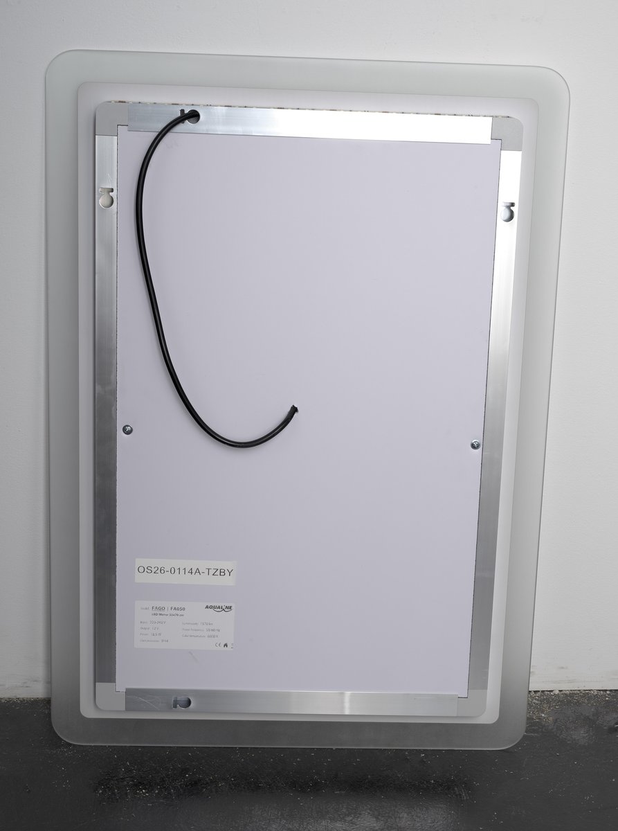 Aqualine FAGO zrcadlo s LED osvětlením 50x70cm, dotykový senzor, stmívatelné, pohled zezadu s kabelem