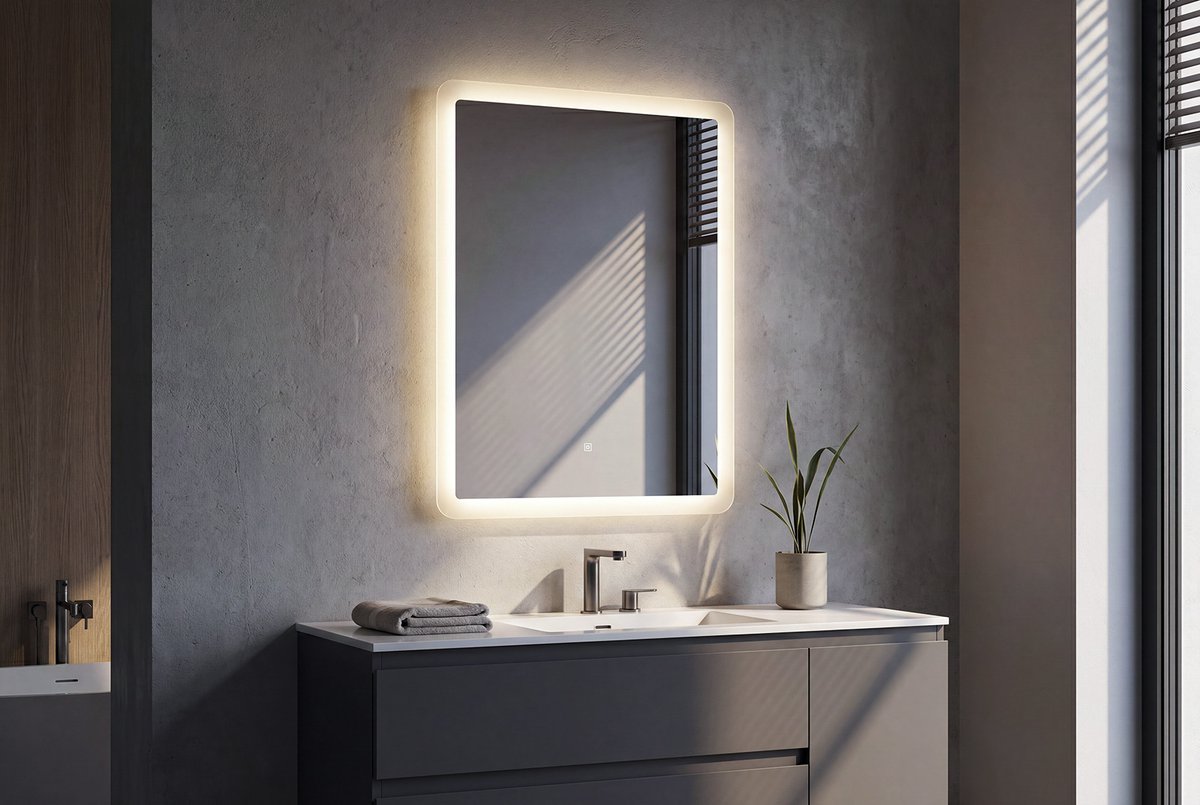 Aqualine FAGO zrcadlo s LED osvětlením 50x70cm, dotykový senzor, stmívatelné, s podsvícením v koupelně