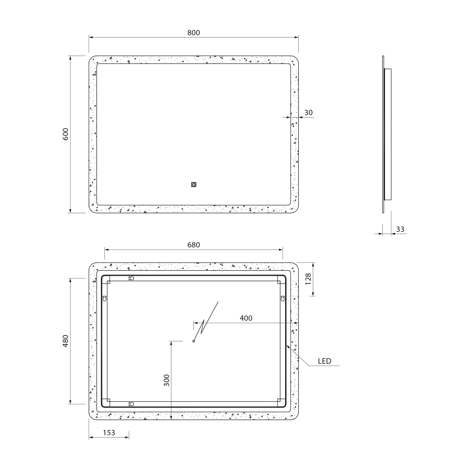 Aqualine FAGO zrcadlo s LED osvětlením 80x60cm, dotykový senzor, stmívatelné, technický nákres