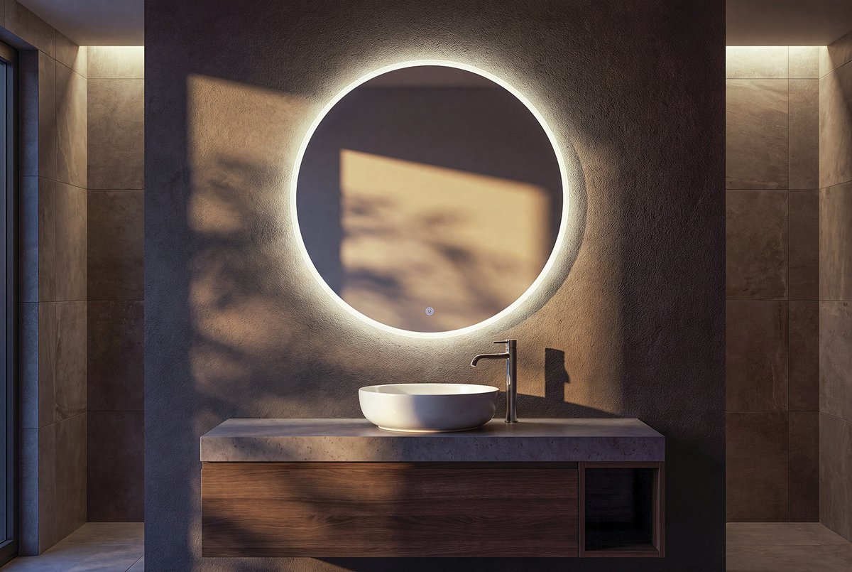 Aqualine URSA kulaté zrcadlo s LED osvětlením ø 70cm, dotykový senzor, stmívatelné, s podsvícením nad umyvadlem