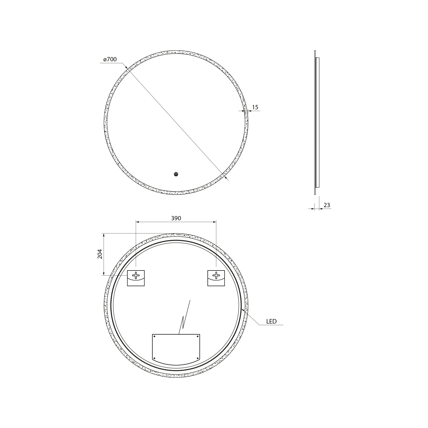 Aqualine URSA kulaté zrcadlo s LED osvětlením ø 70cm, dotykový senzor, stmívatelné, technický nákres