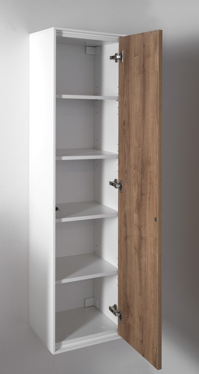 Aqualine ZANYA vysoká skříňka 35x140x30cm, bílá mat/dub emporio, s otevřenými dvířky