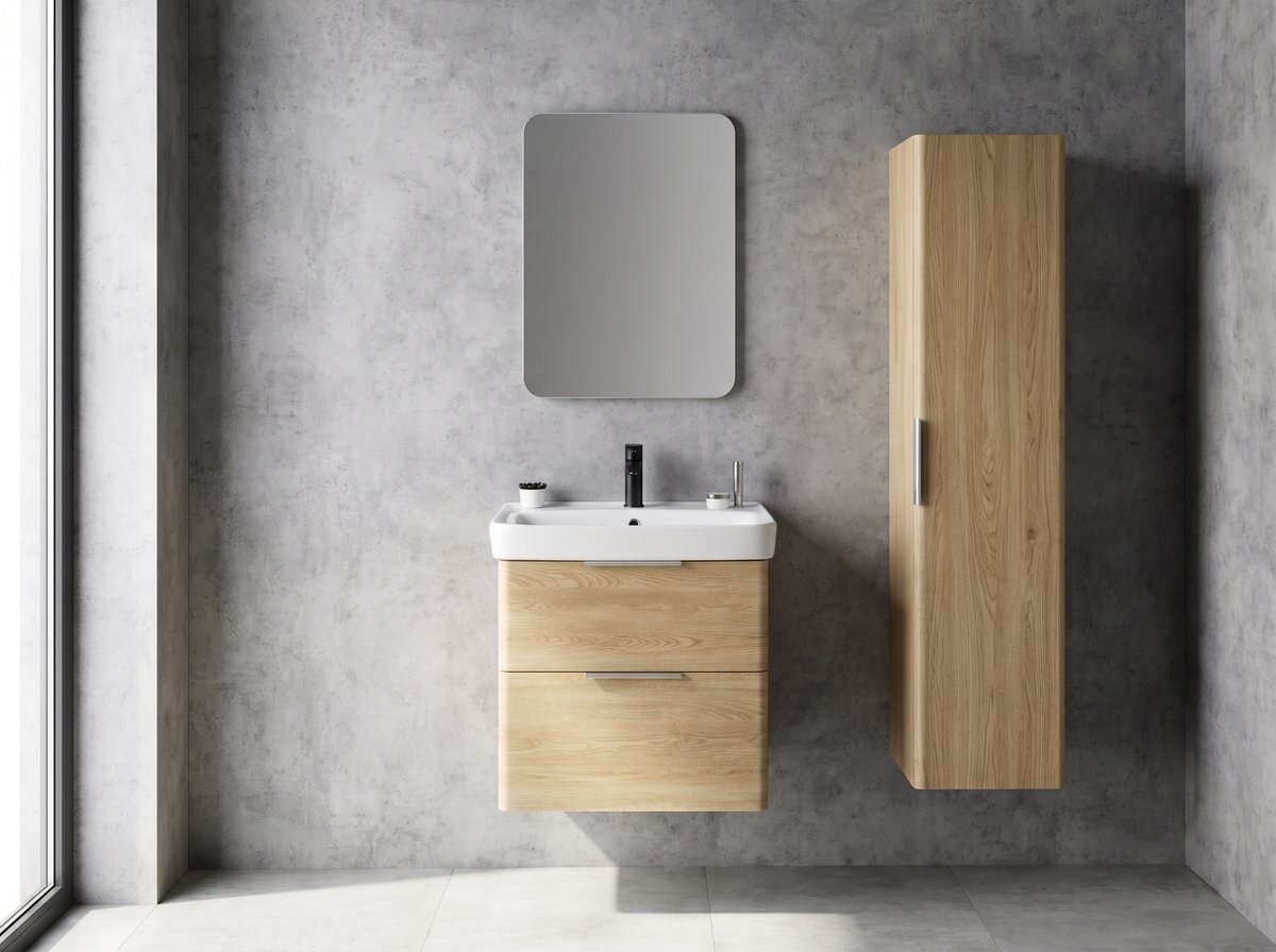 Aqualine DENEB umyvadlová skříňka 50,5x55x34,5cm, dub emporio, v koupelně se zrcadlem