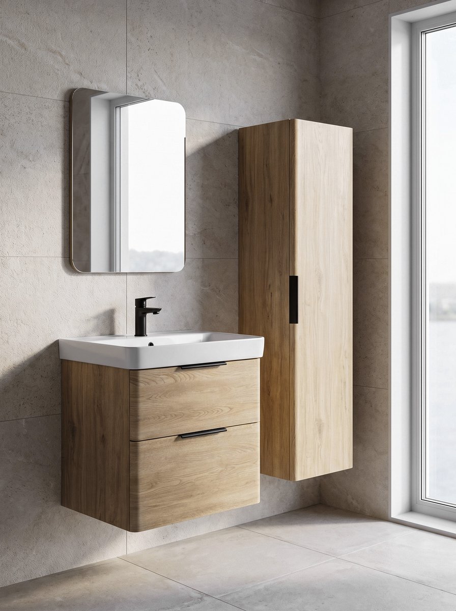 Aqualine DENEB umyvadlová skříňka 50,5x55x34,5cm, dub emporio, v koupelně se zrcadlem 2