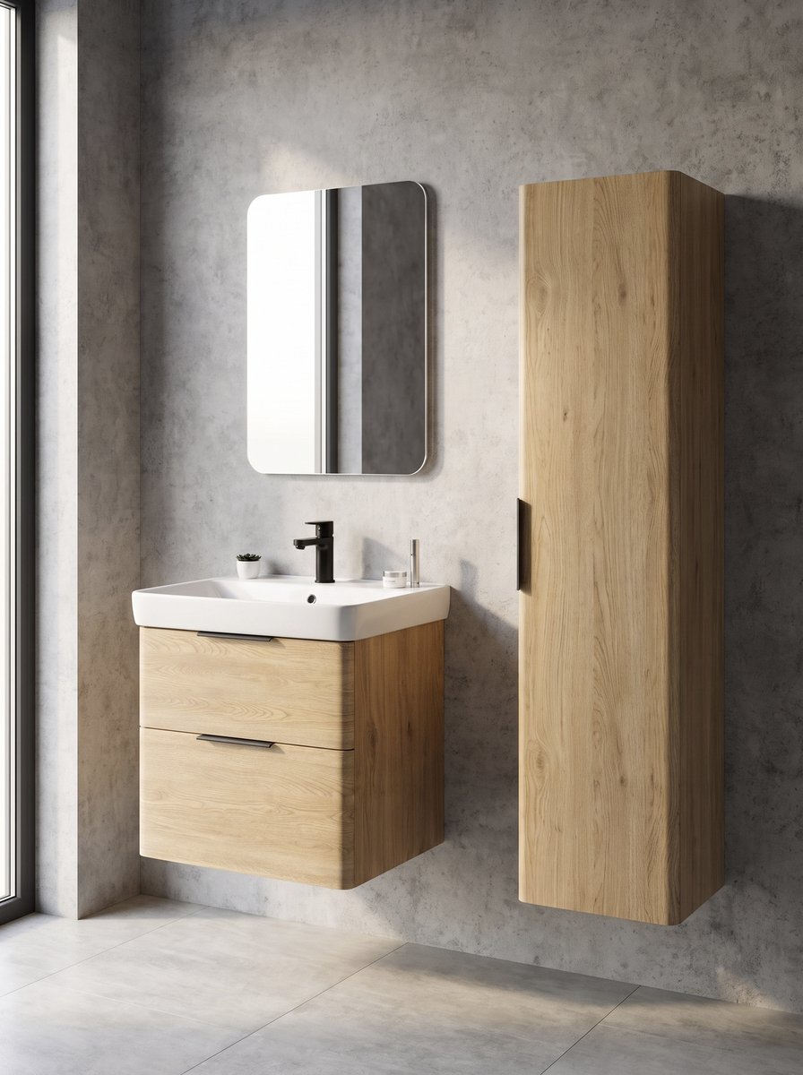 Aqualine DENEB umyvadlová skříňka 56,5x55x43,5cm, dub emporio, v koupelně se zrcadlem