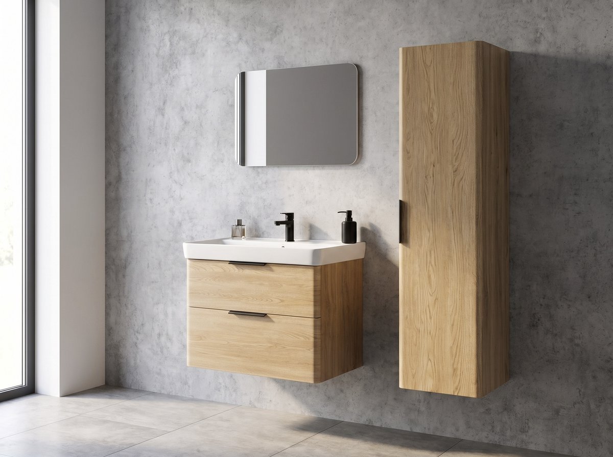 Aqualine DENEB umyvadlová skříňka 77,3x55x42,4cm, dub emporio, v koupelně se zrcadlem