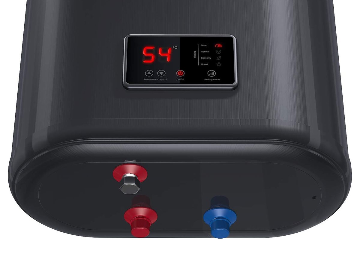 THERMEX ID SHADOW elektrický bojler, zásobník, 50 l, WIFI, vertikální, černá, pohled zespodu na připojení vody