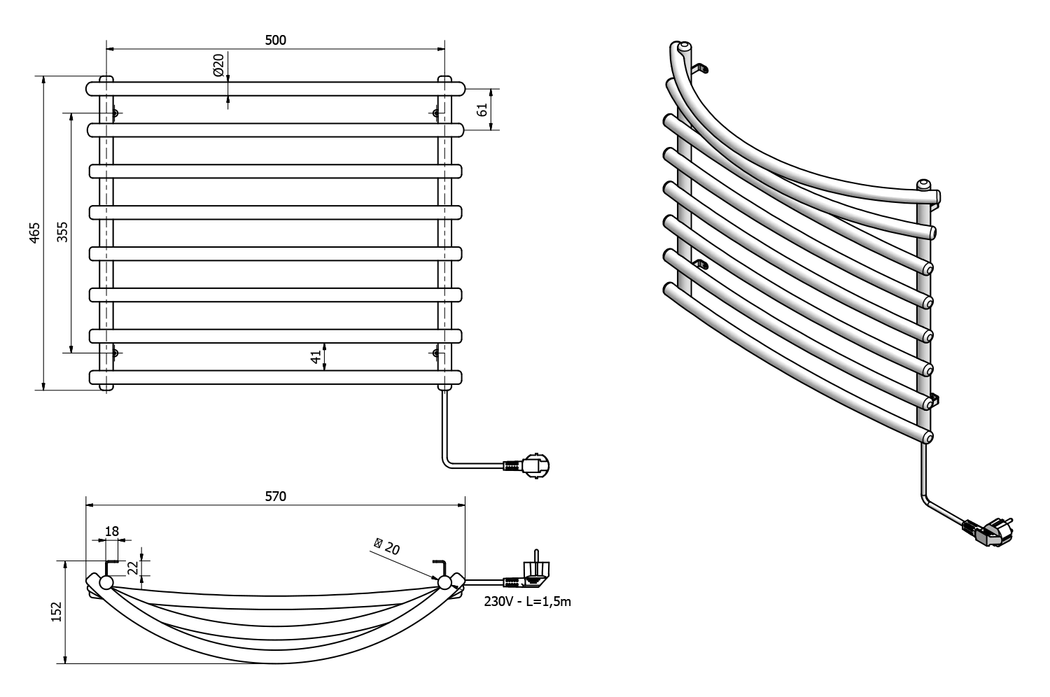 Aqualine SUCH elektrický sušák ručníků, 570x465mm, 72W, šedý hliník-metalíza (RAL9007), technický nákres