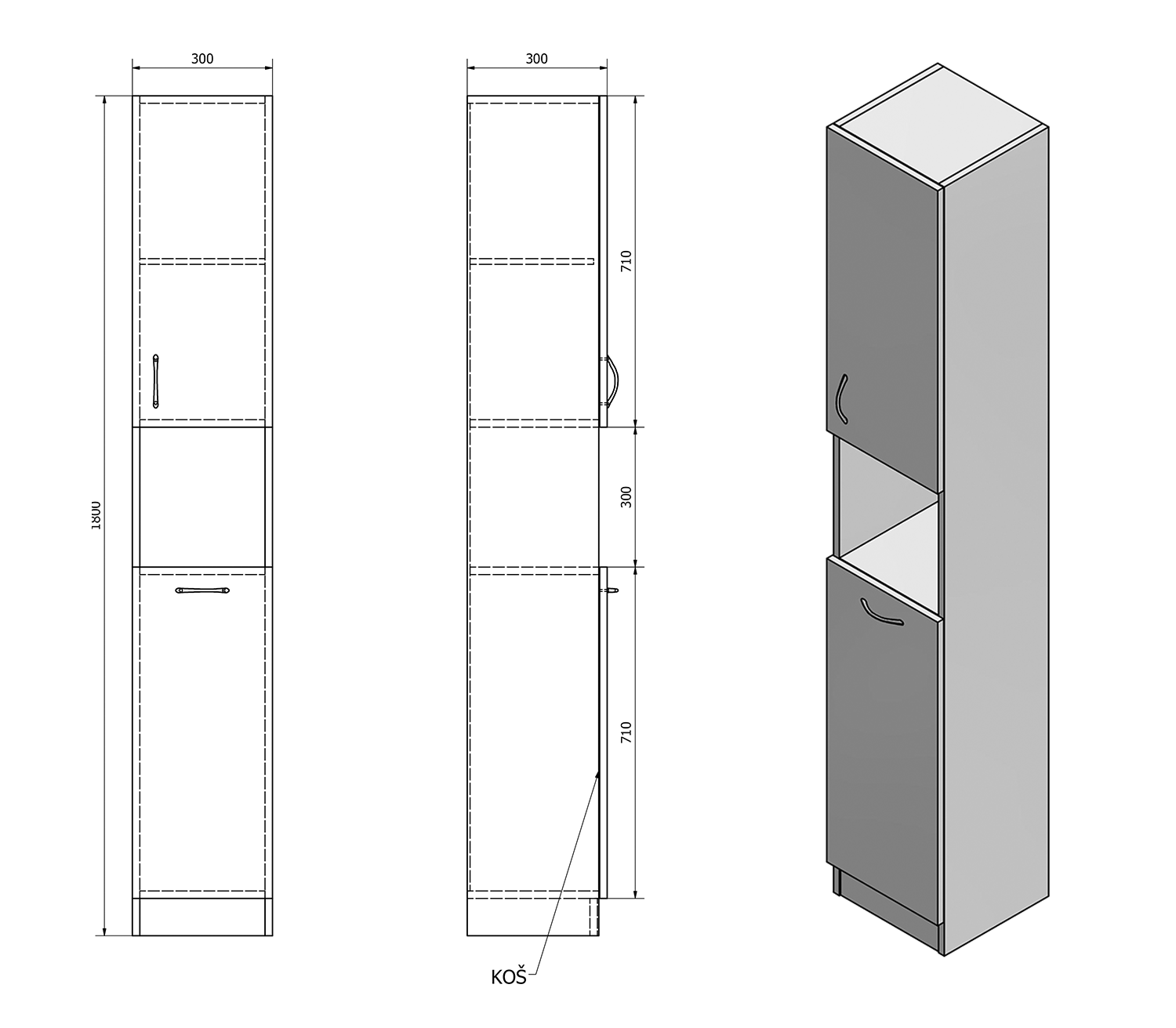 Aqualine SIMPLEX ECO vysoká skříňka s košem 30x180x30cm, technický nákres