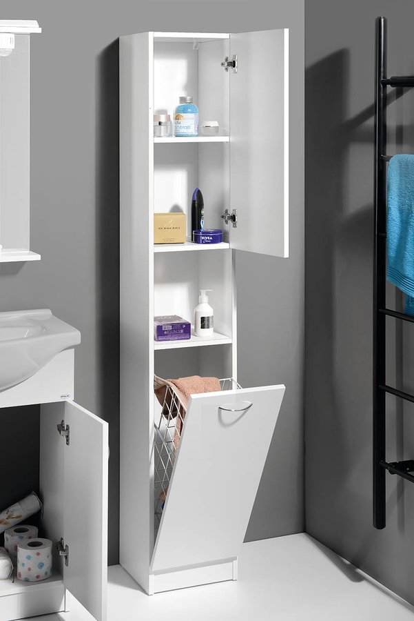 Aqualine SIMPLEX ECO vysoká skříňka s košem 30x180x30cm, v koupelně s otevřenými dvířky
