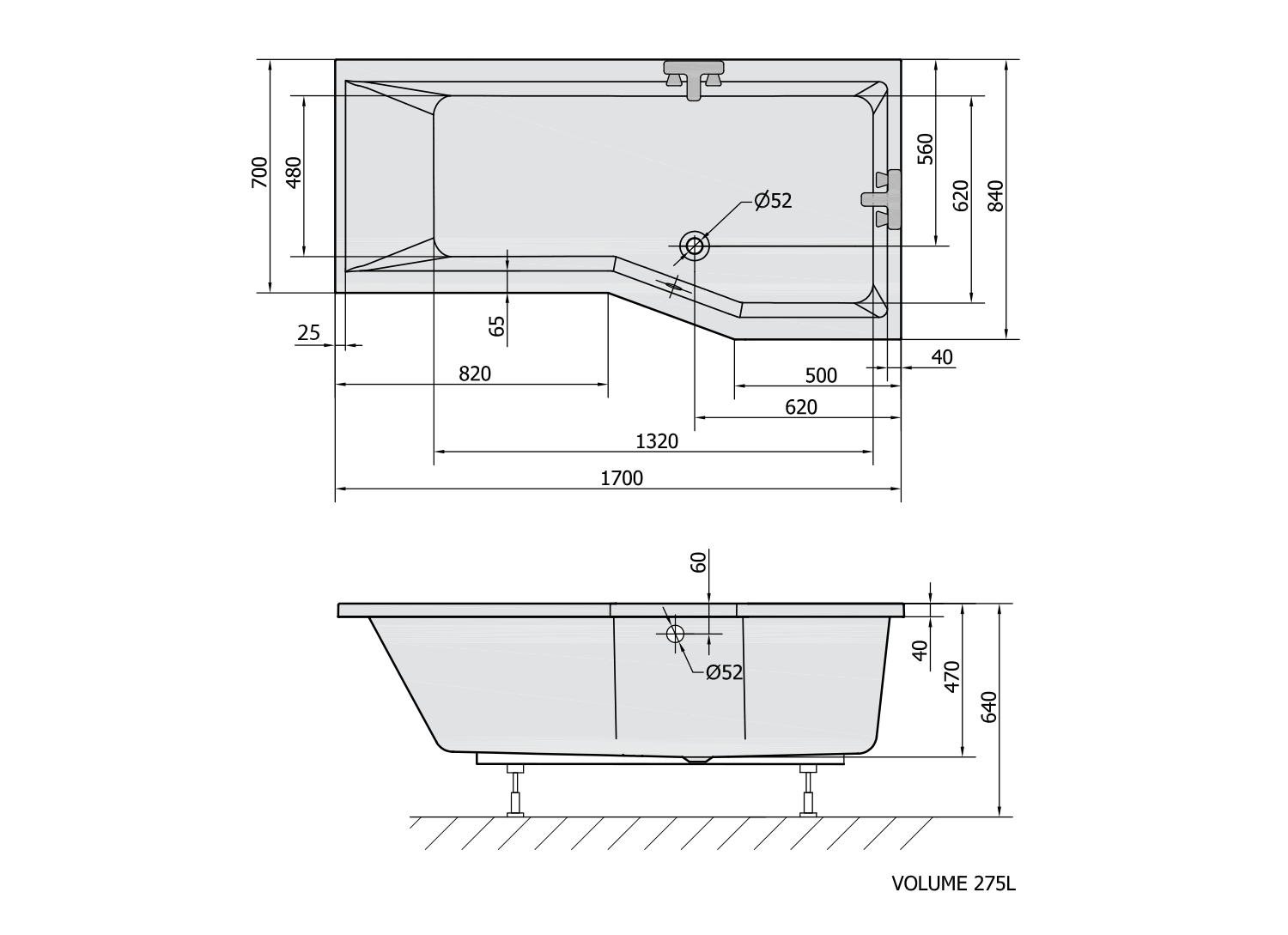 Polysan VERSYS R asymetrická vana 170x84x70x47cm, bílá, technický nákres