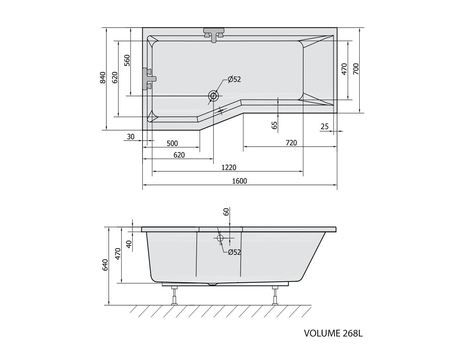 Polysan VERSYS L asymetrická vana 160x84x70x47cm, bílá, technický nákres