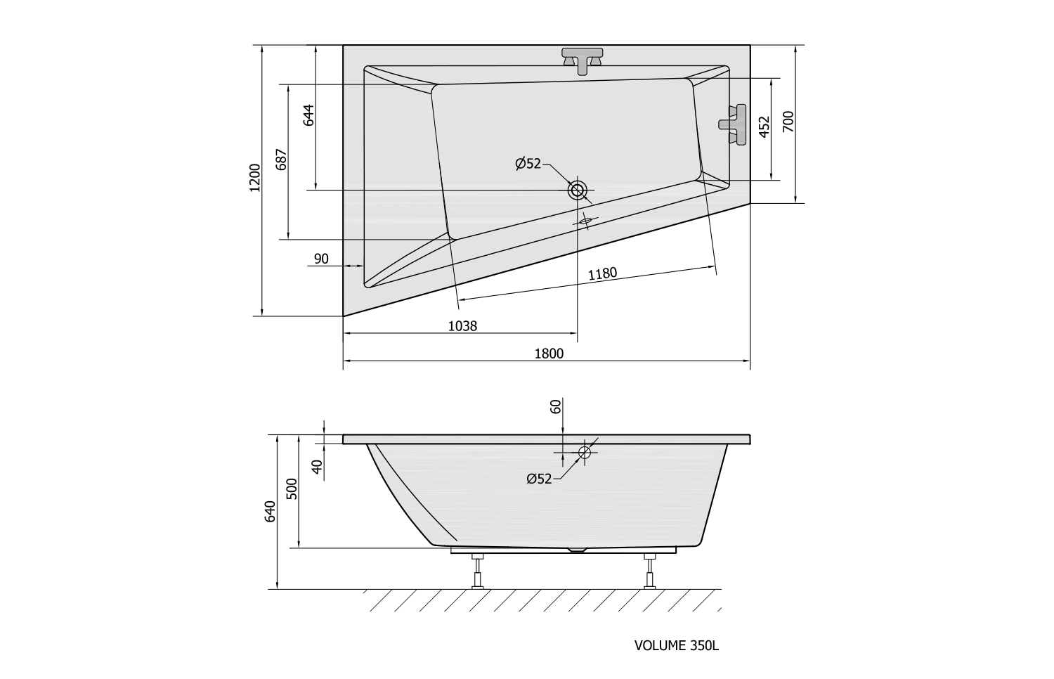 Polysan TRIANGL L asymetrická vana 180x120x50cm, bílá, technický nákres