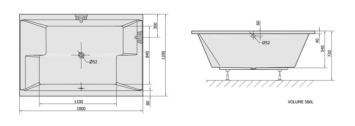 Polysan DUPLA obdélníková vana 180x120x54cm, bílá, technický nákres