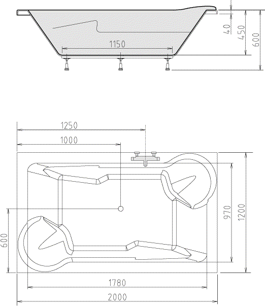 Polysan DUO obdélníková vana 200x120x45cm, bílá, technický nákres