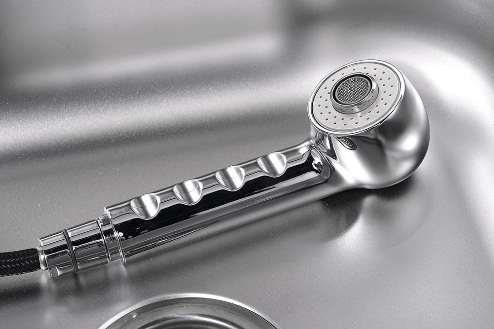 Aqualine KASIOPEA stojánková dřezová baterie s výsuvnou sprškou, chrom, detail vytahovací spršky