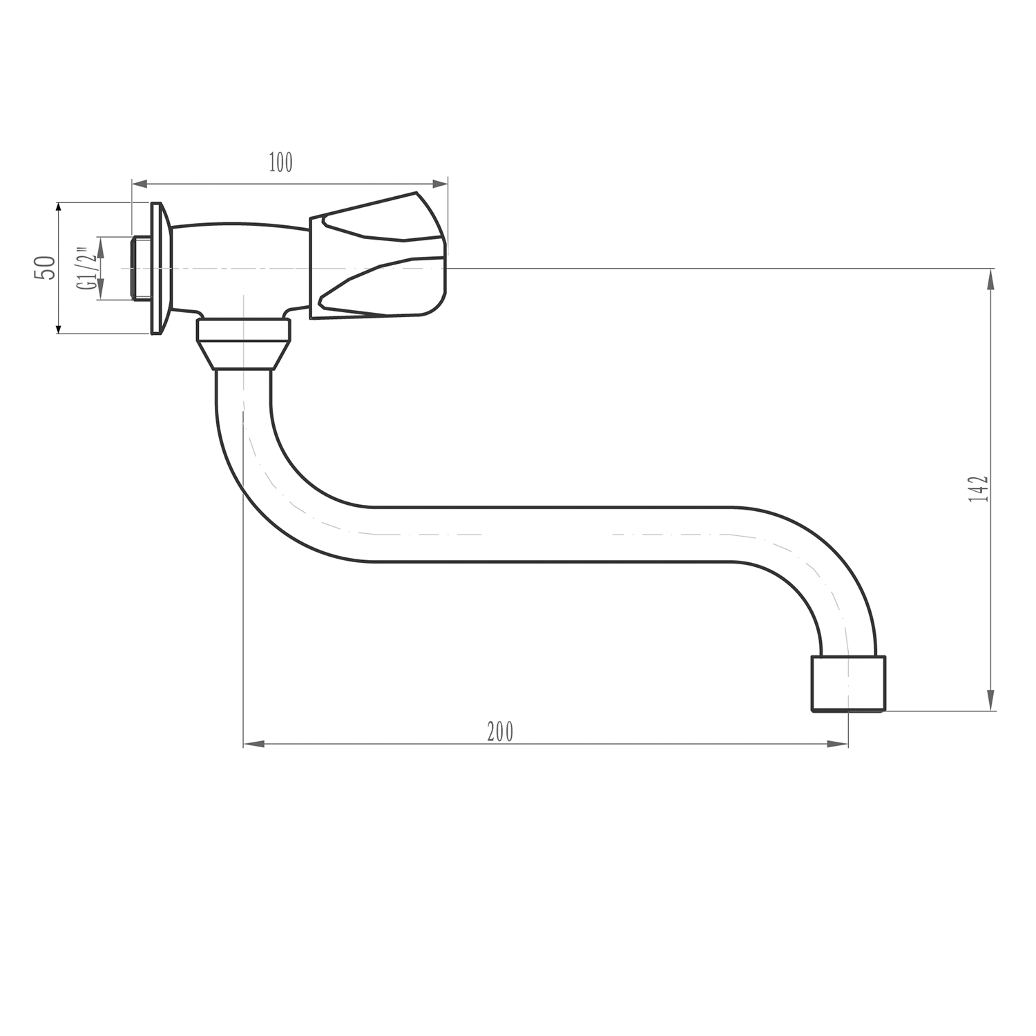 Aqualine Nástěnný ventil 1/2", otočná hubice, chrom, technický nákres