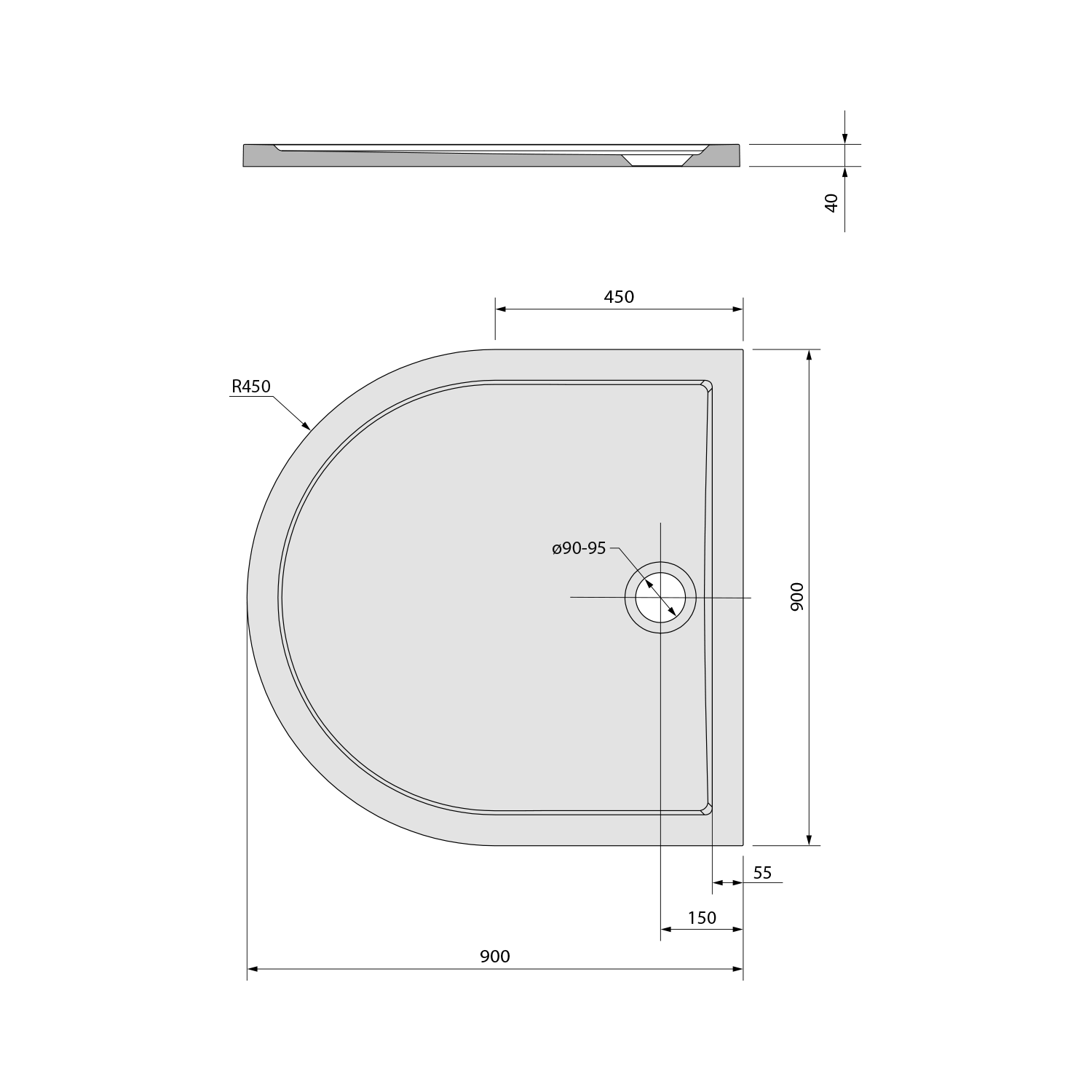 Polysan ISA 90 sprchová vanička z litého mramoru, půlkruh 90x90cm, bílá, technický nákres