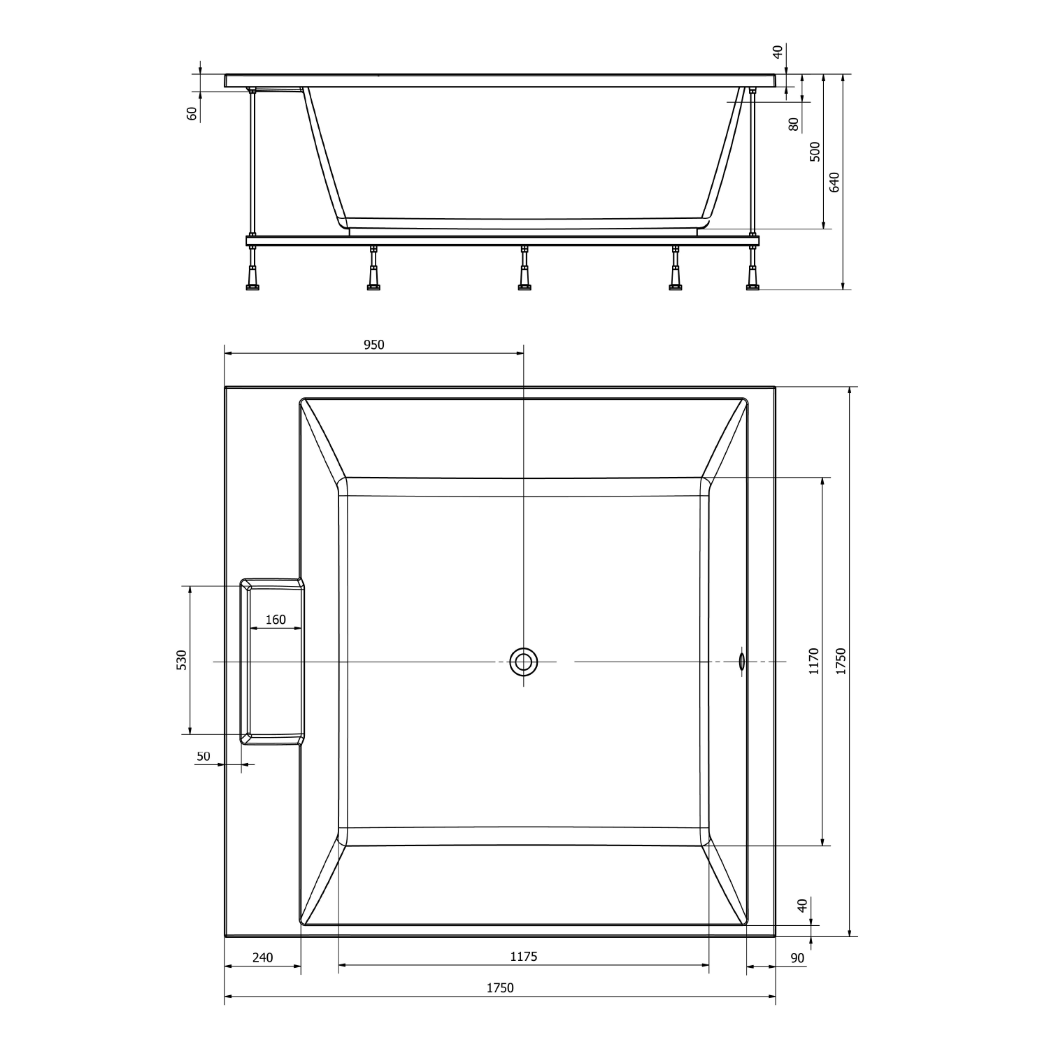 Polysan CAME čtvercová vana s konstrukcí 175x175x50cm, bílá, technický nákres