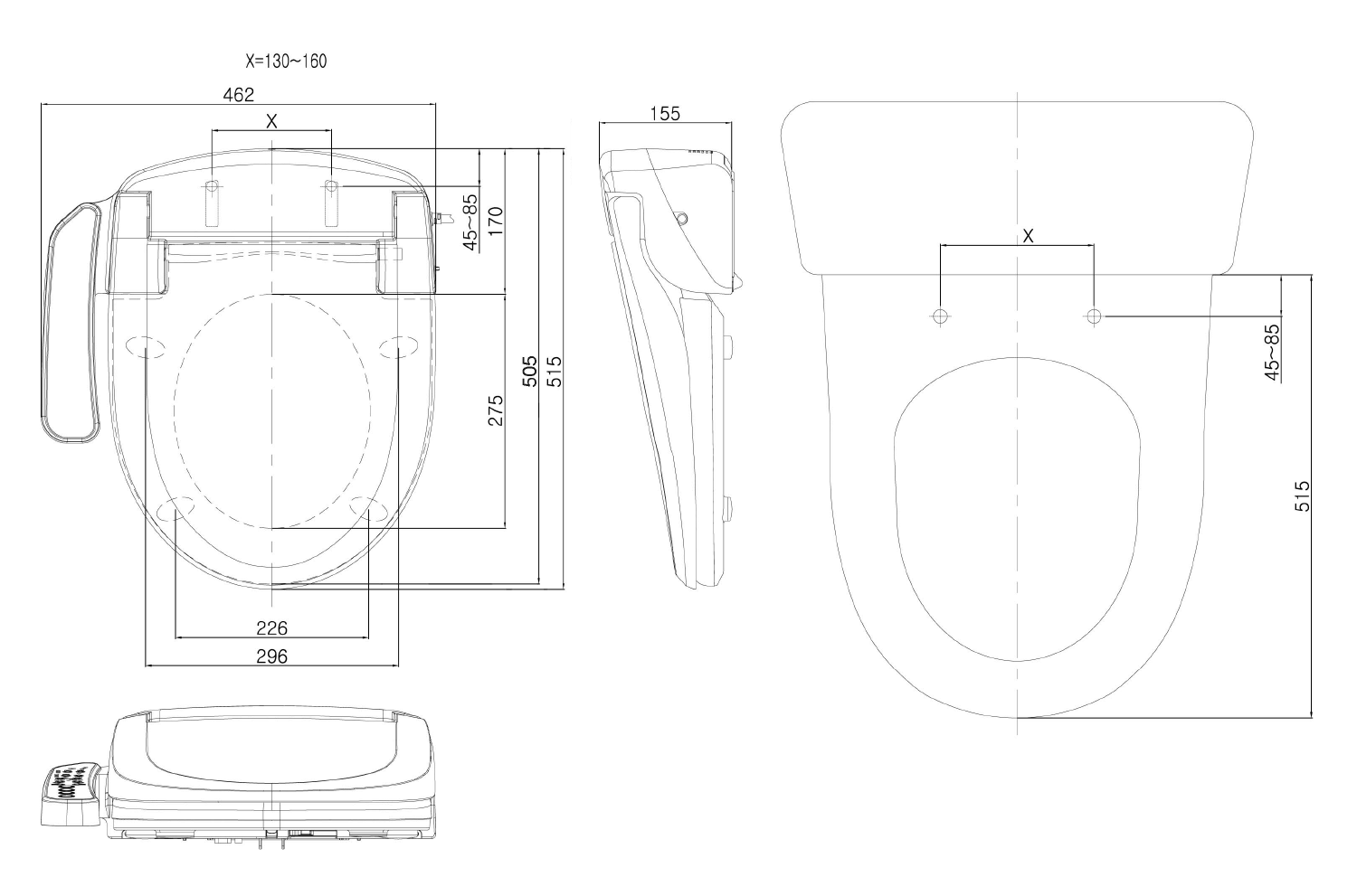 Aqualine BLOOMING EKO elektronický bidet, technický nákres
