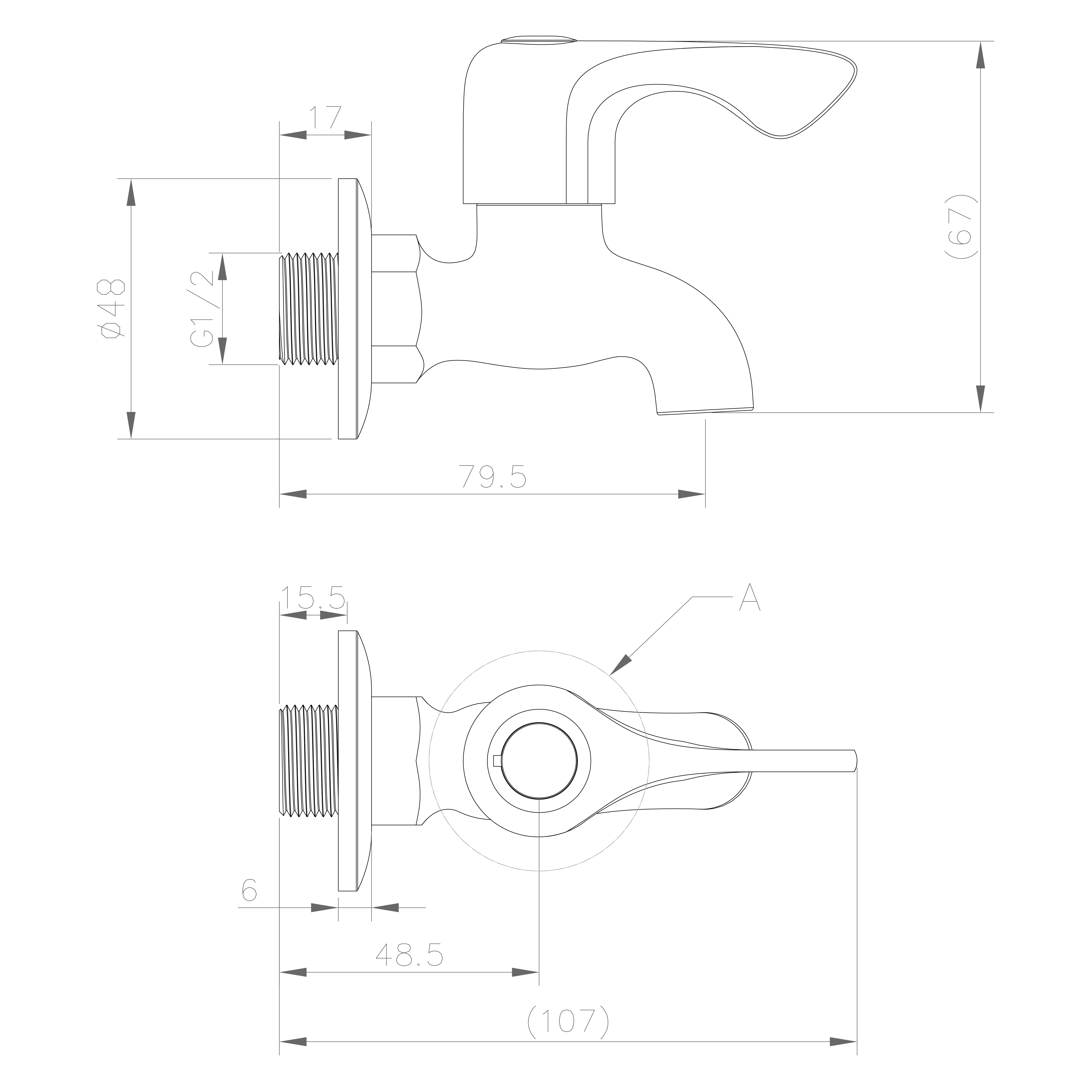 Aqualine Nástěnný kulový ventil 1/2", krátký, chrom, technický nákres