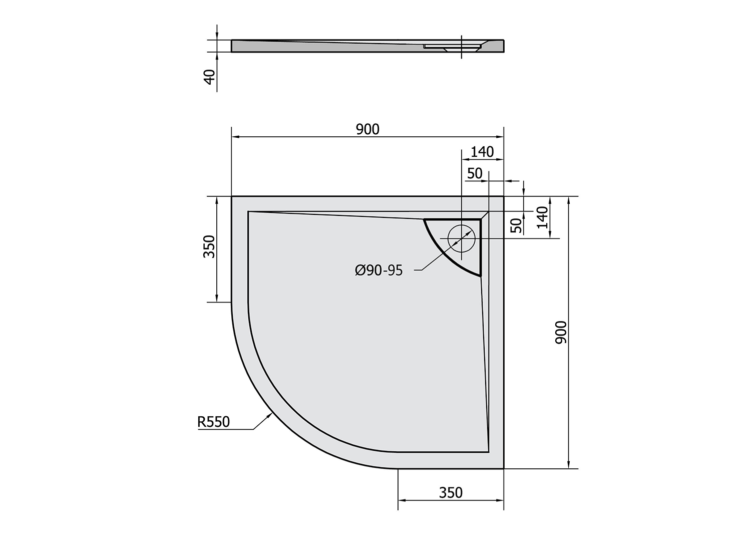 Polysan LUSSA sprchová vanička z litého mramoru se záklopem, čtvrtkruh 90x90cm, R550, technický nákres