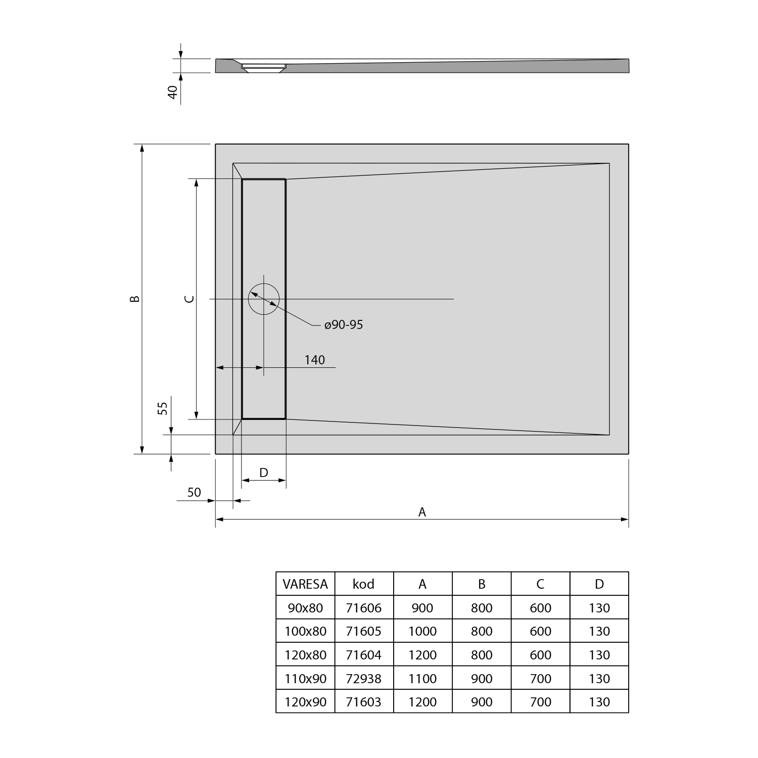 Polysan VARESA sprchová vanička z litého mramoru se záklopem, obdélník 120x90cm, bílá, technický nákres