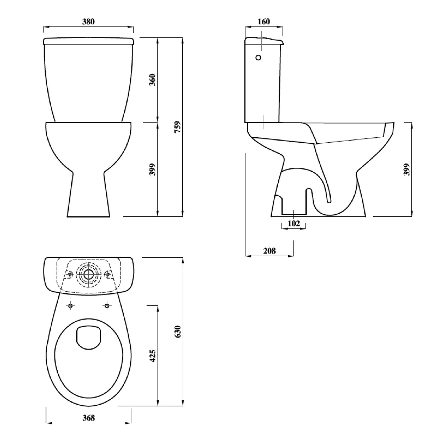 Aqualine MIGUEL WC kombi, dvojtlačítko 3/6l, spodní odpad, bílá, technický nákres
