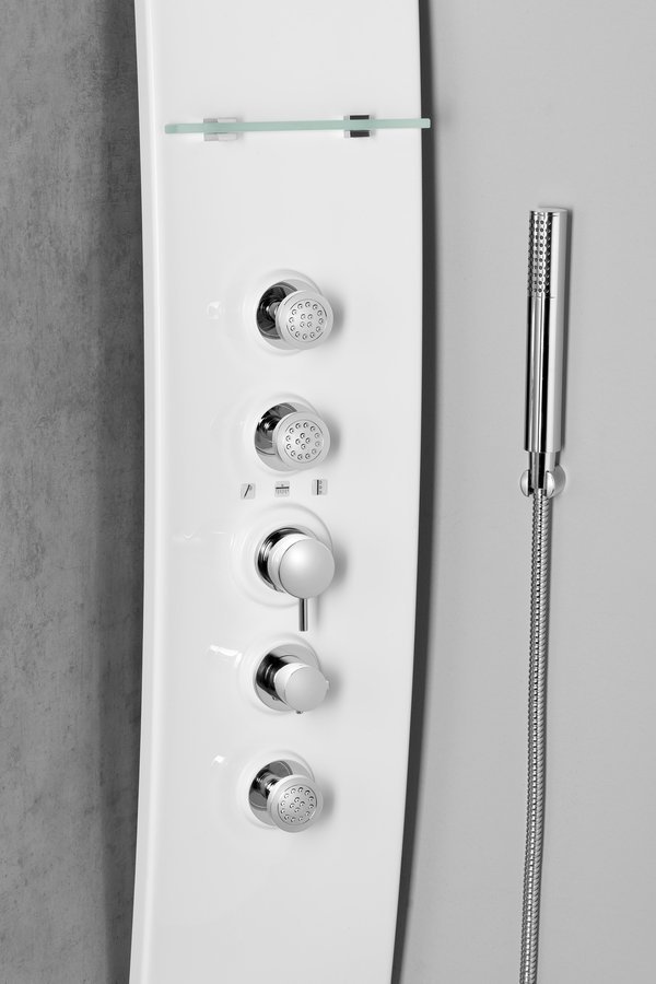 Polysan LUK termostatický sprchový panel rohový 250x1300mm, bílá, detail ovládání a trysek