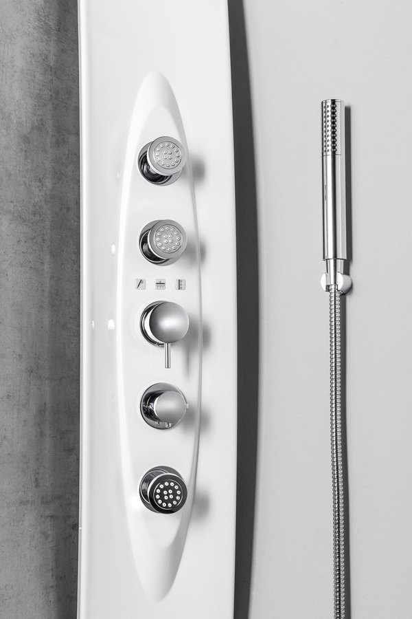 Polysan MOLA termostatický sprchový panel rohový 210x1300mm, bílá, detail trysek a ruční sprchy