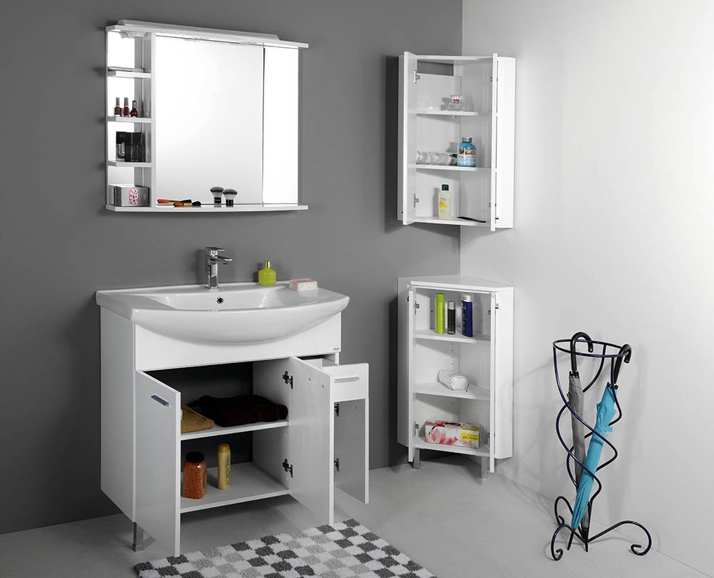 Aqualine ZOJA/KERAMIA FRESH skříňka rohová 35x78x35cm, bílá, v koupelně s otevřenými dvířky