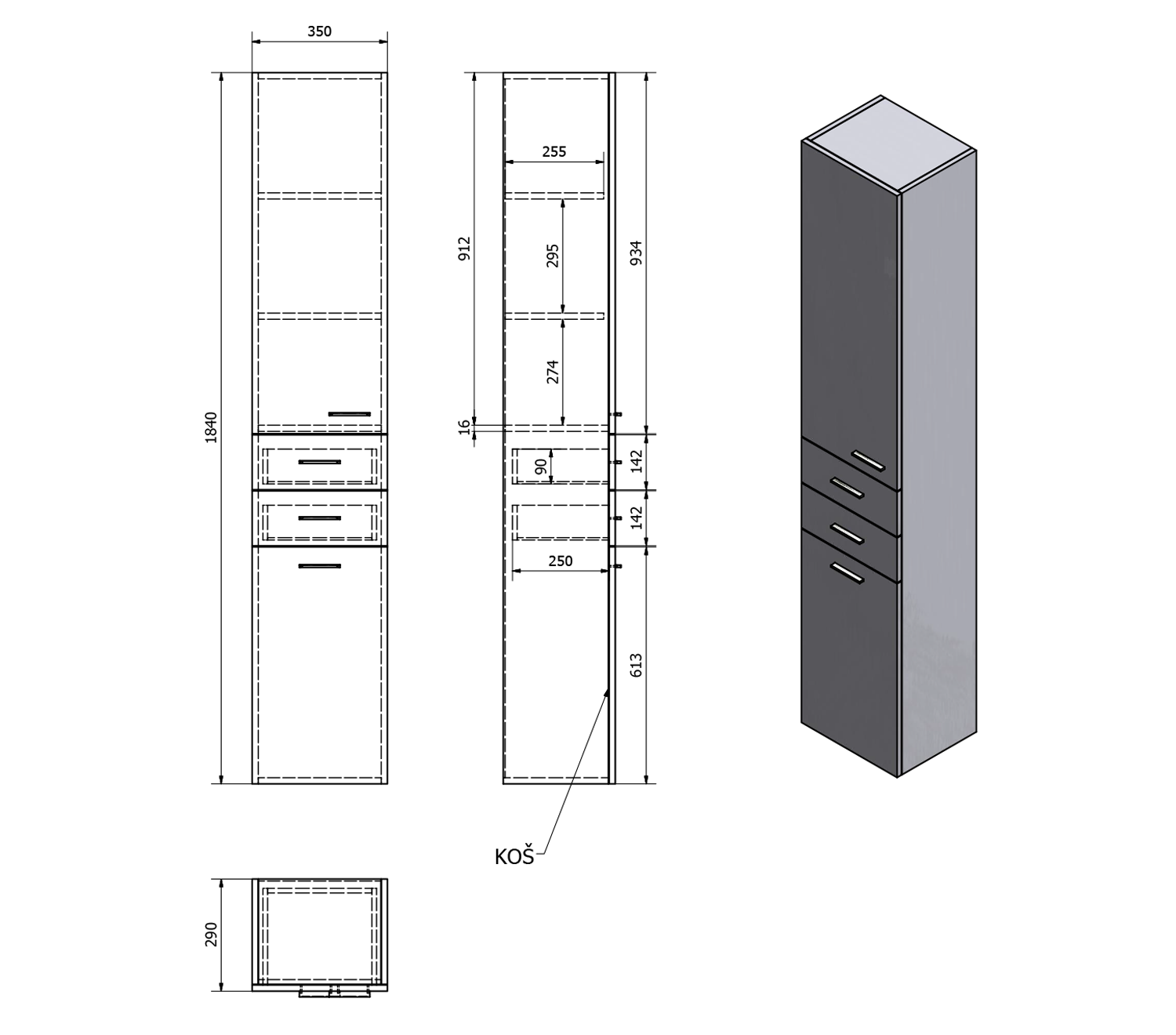 Aqualine ZOJA/KERAMIA FRESH skříňka vysoká s košem 35x184x29cm, dub platin, technický nákres